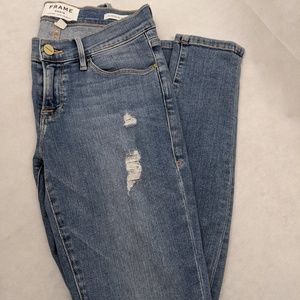 Frame Denim Distressed Skinny Jeans in Medium Blue